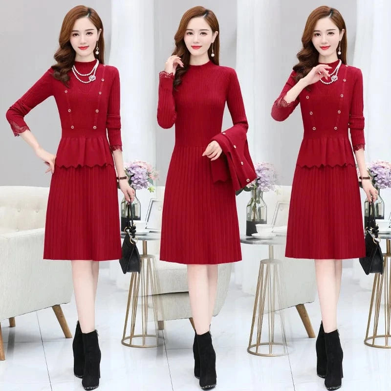 Autumn and winter high quality selling solid color round collar button design high waist in the long two-piece A-line dress