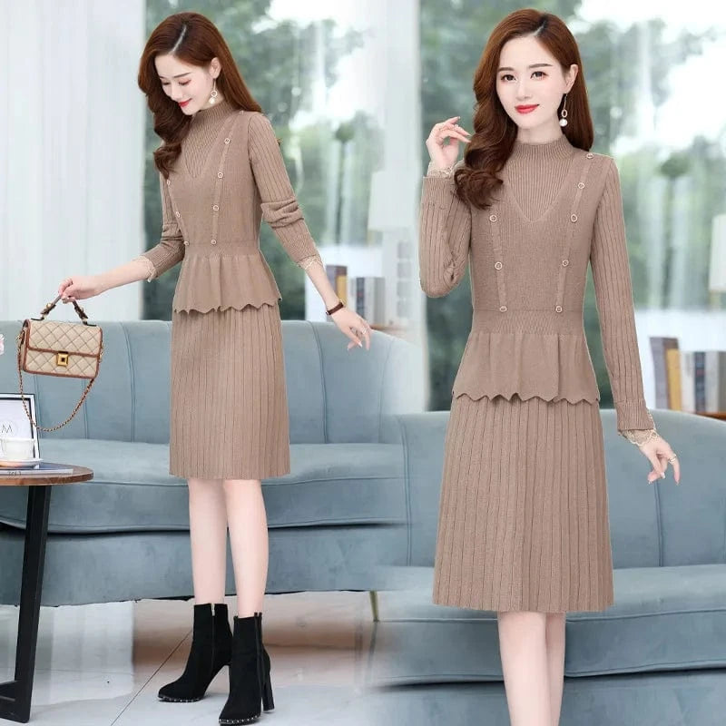 Autumn and winter high quality selling solid color round collar button design high waist in the long two-piece A-line dress