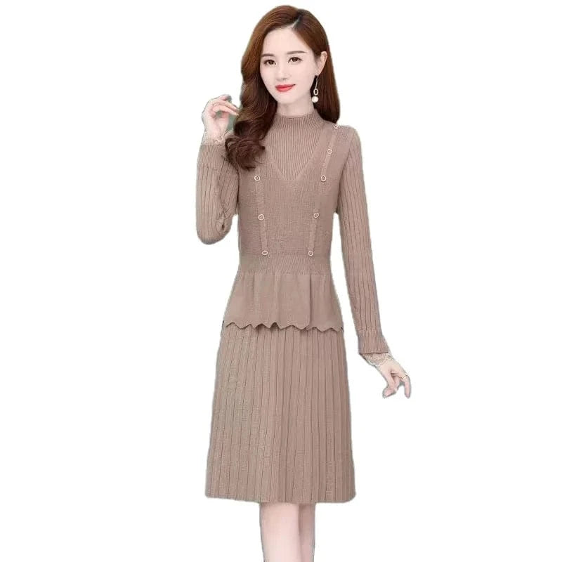 Autumn and winter high quality selling solid color round collar button design high waist in the long two-piece A-line dress