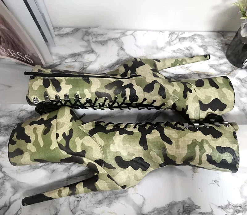 Autumn and winter new green camouflage 20 cm model walk show pole dance high heels women's fashion boots