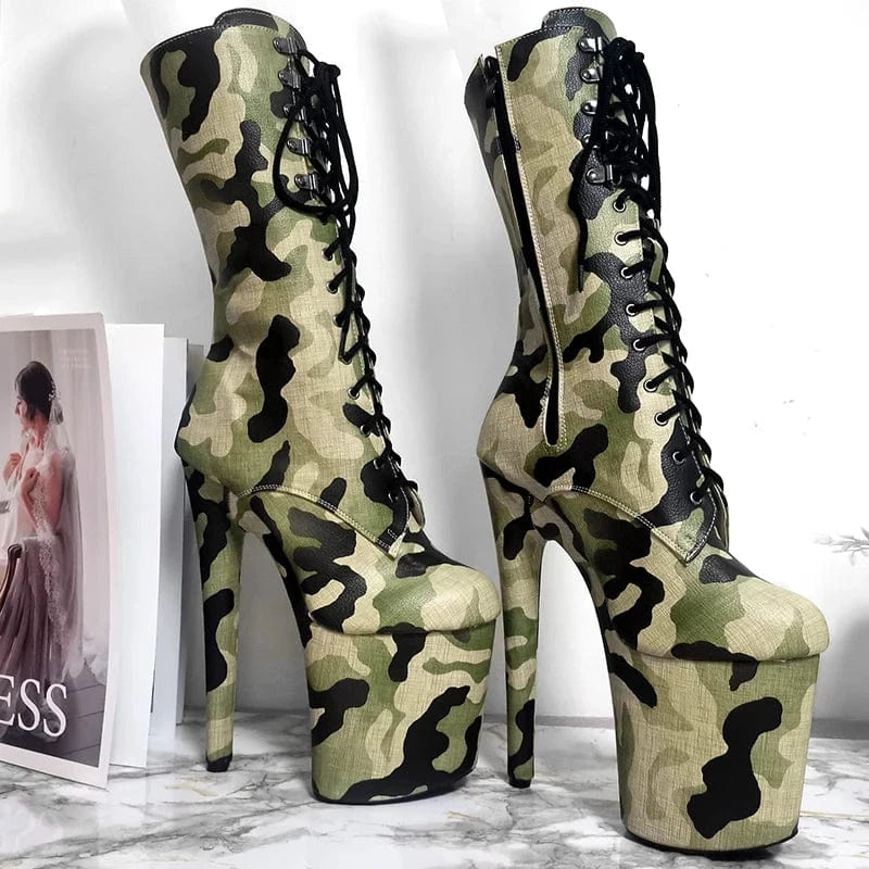 Autumn and winter new green camouflage 20 cm model walk show pole dance high heels women's fashion boots