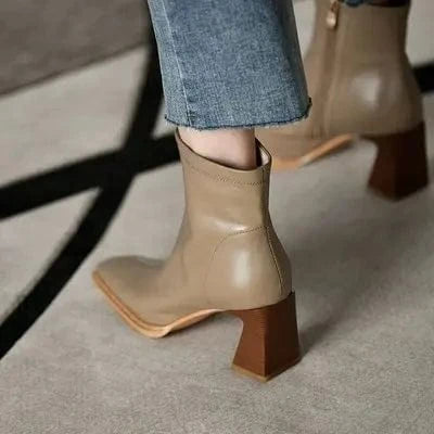 Autumn and winter new ladies thick heel color fashion boots side zipper low tube high heel square toe short boots for women
