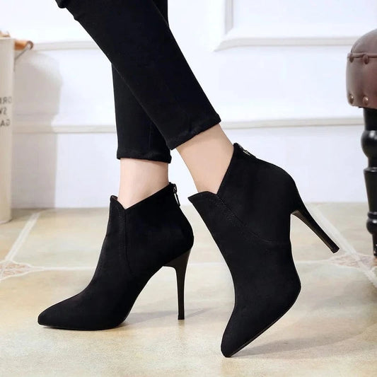 Autumn and winter new pointed thin heel high heel short boots thick bottom Plush women's boots net red fashion women's Boots