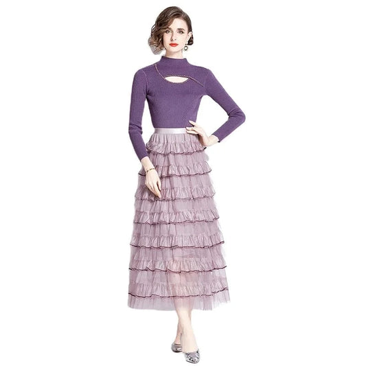Autumn and Winter Women's New Long Sleeve Round Neck Knitted Splice Fashion Cake Slim Fit Dress Two Piece Set Dress AZ9019088