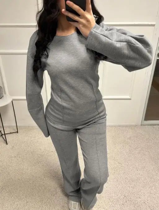 Autumn Casual Loose 2 - Piece Set of Solid Color Round Neck Pit Stripe Spliced Top and High Waisted Straight Leg Pants Set - SN Wigs & More