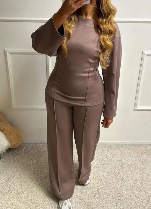 Autumn Casual Loose 2 - Piece Set of Solid Color Round Neck Pit Stripe Spliced Top and High Waisted Straight Leg Pants Set - SN Wigs & More