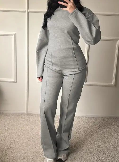 Autumn Casual Loose 2 - Piece Set of Solid Color Round Neck Pit Stripe Spliced Top and High Waisted Straight Leg Pants Set - SN Wigs & More