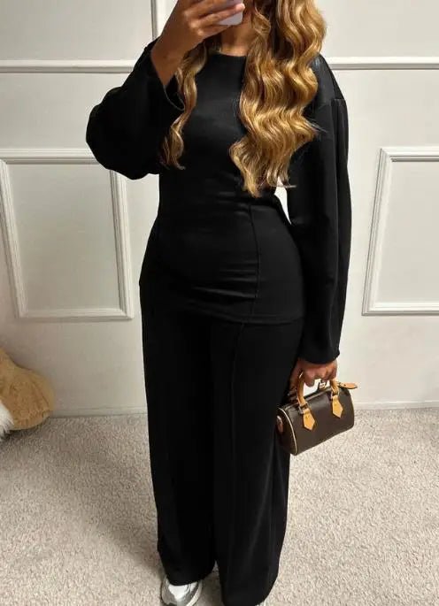 Autumn Casual Loose 2 - Piece Set of Solid Color Round Neck Pit Stripe Spliced Top and High Waisted Straight Leg Pants Set - SN Wigs & More