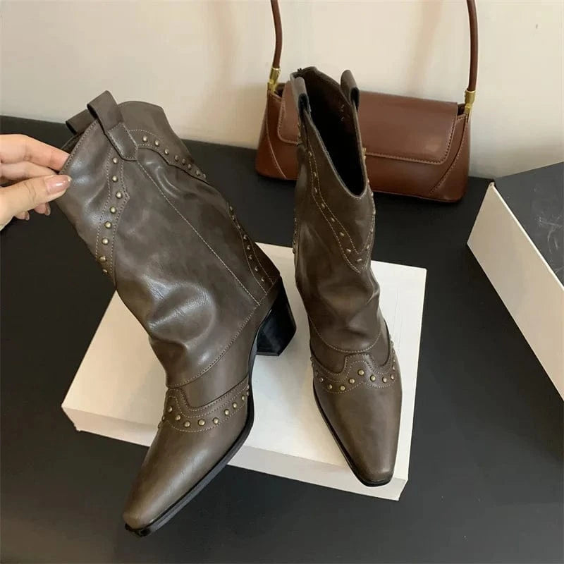 Autumn Footwear Western Fashion Rivet Women Chelsea Ankle Boots 2024 Slip-On Female Pointed Toe Ladies Short Booties Heels Shoes