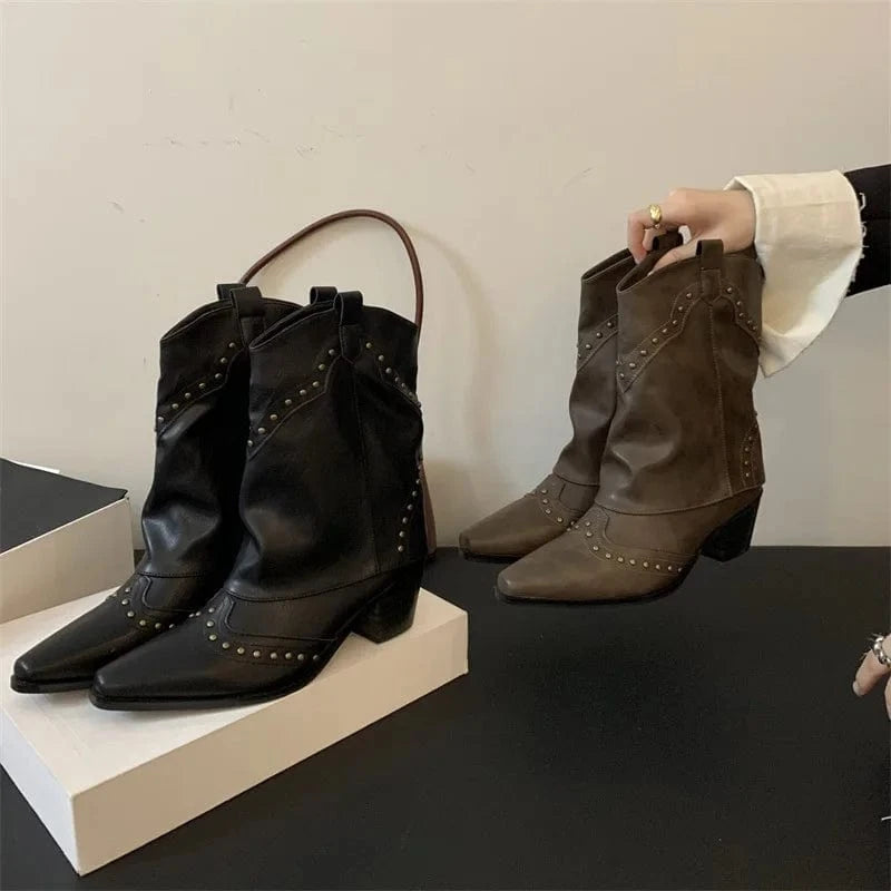 Autumn Footwear Western Fashion Rivet Women Chelsea Ankle Boots 2024 Slip-On Female Pointed Toe Ladies Short Booties Heels Shoes
