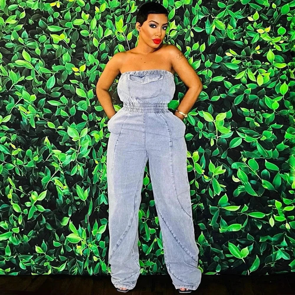 Autumn Latest Design Backless Sleeveless Denim Jumpsuits Women Casual High Elastic Waist Wide Pants Washed Jean Jumpsuit