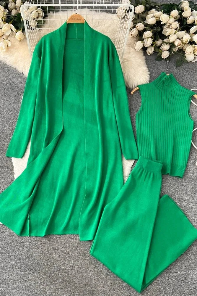 Autumn new lazy loose knit suit women's long cape cardigan+high neck sweater+wide leg pants three piece set