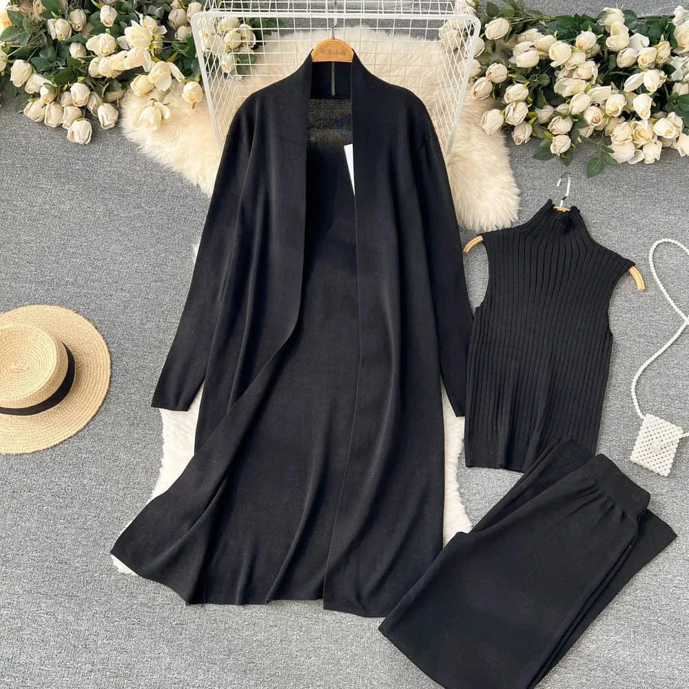 Autumn new lazy loose knit suit women's long cape cardigan+high neck sweater+wide leg pants three piece set
