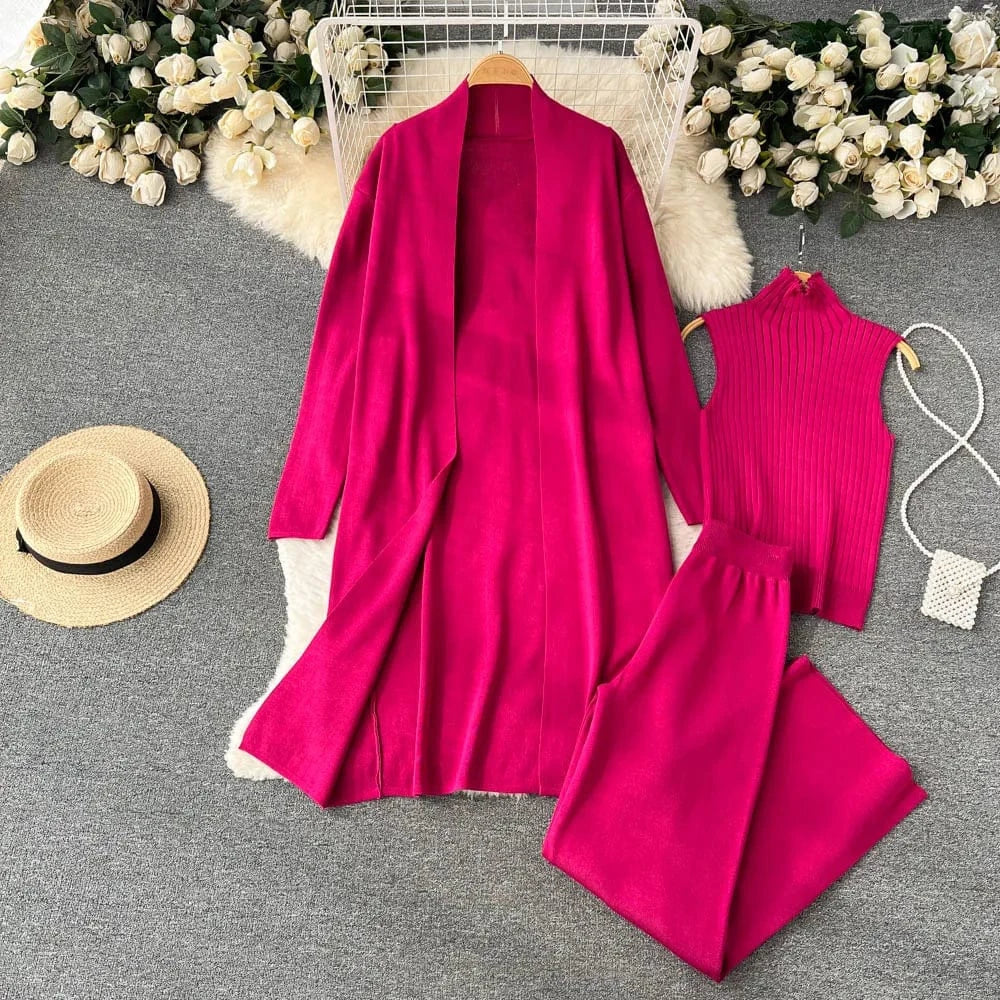 Autumn new lazy loose knit suit women's long cape cardigan+high neck sweater+wide leg pants three piece set