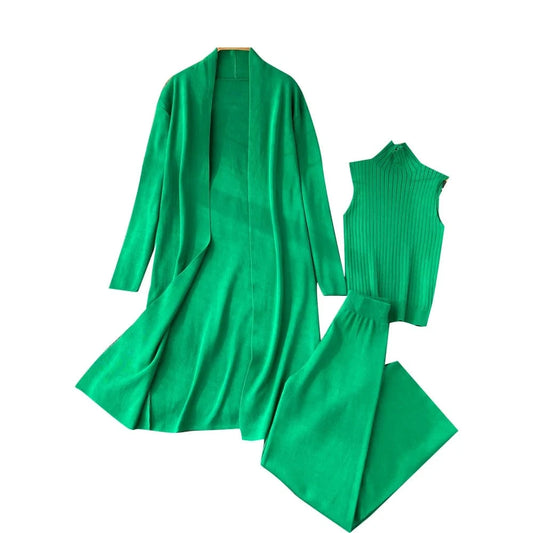 Autumn new lazy loose knit suit women's long cape cardigan+high neck sweater+wide leg pants three piece set