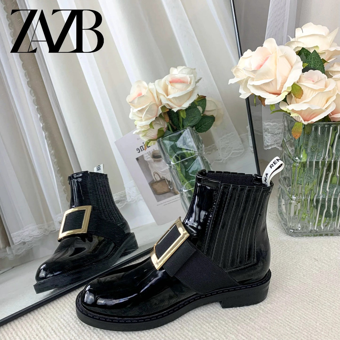 Autumn New Metal Button Women's Shoes Apricot Thick Sole High Waist Elastic Bare Boots Short Boots