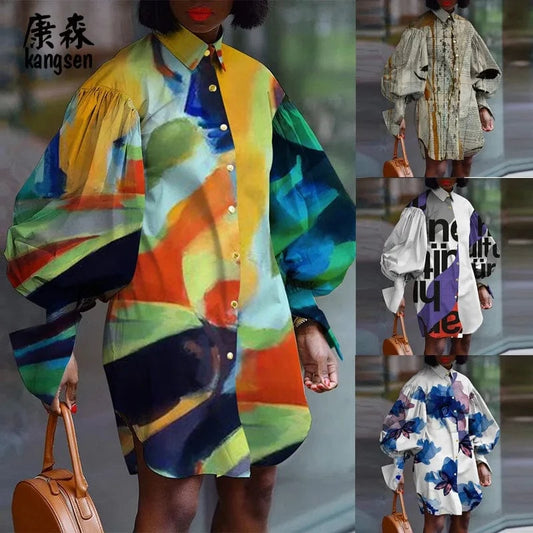 Autumn new products casual long-sleeved shirt dress women printed cardigan plus size maternity women's clothing