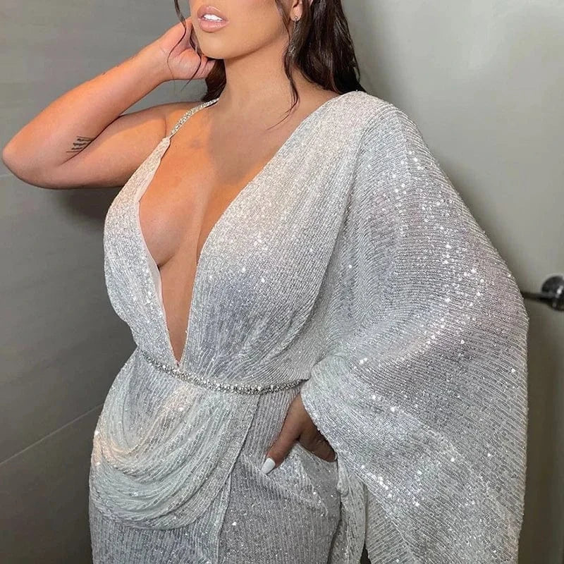 Autumn One-shoulder Slim Maxi Dress Fashion Glitter Sequin Shiny Evening Dresses Womens Sexy Deep V Neck Hollow Split Long Dress