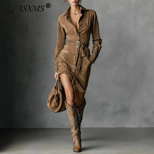 Autumn Single Breasted Lapel Shirt Dress Woman Retro Solid Suede Pocket Party Dresses Fashion Long Sleeve Sashes Slim Mini Dress - SN Wigs & More