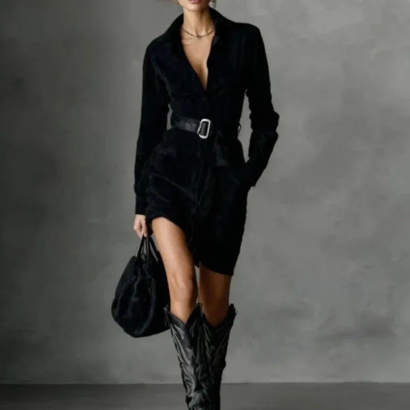 Autumn Single Breasted Lapel Shirt Dress Woman Retro Solid Suede Pocket Party Dresses Fashion Long Sleeve Sashes Slim Mini Dress - SN Wigs & More