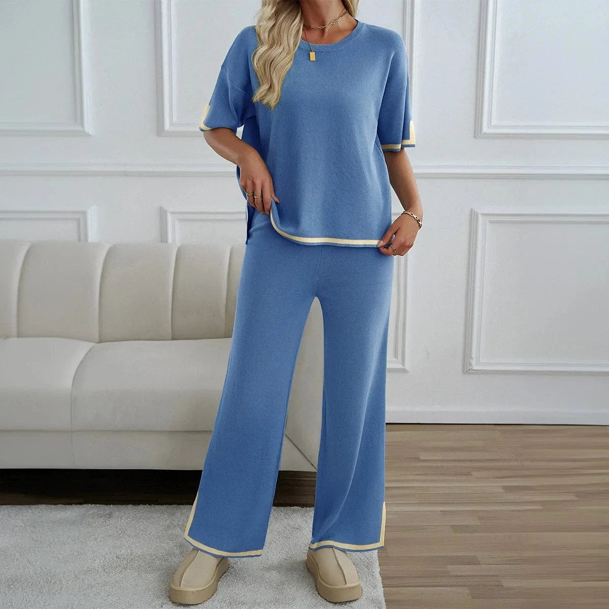 Autumn Solid Color Knitted 2pcs Set Women Casual Short Sleeve Pullover Top and Wide Leg Pants Tracksuit Set Lady Fashion Outfits