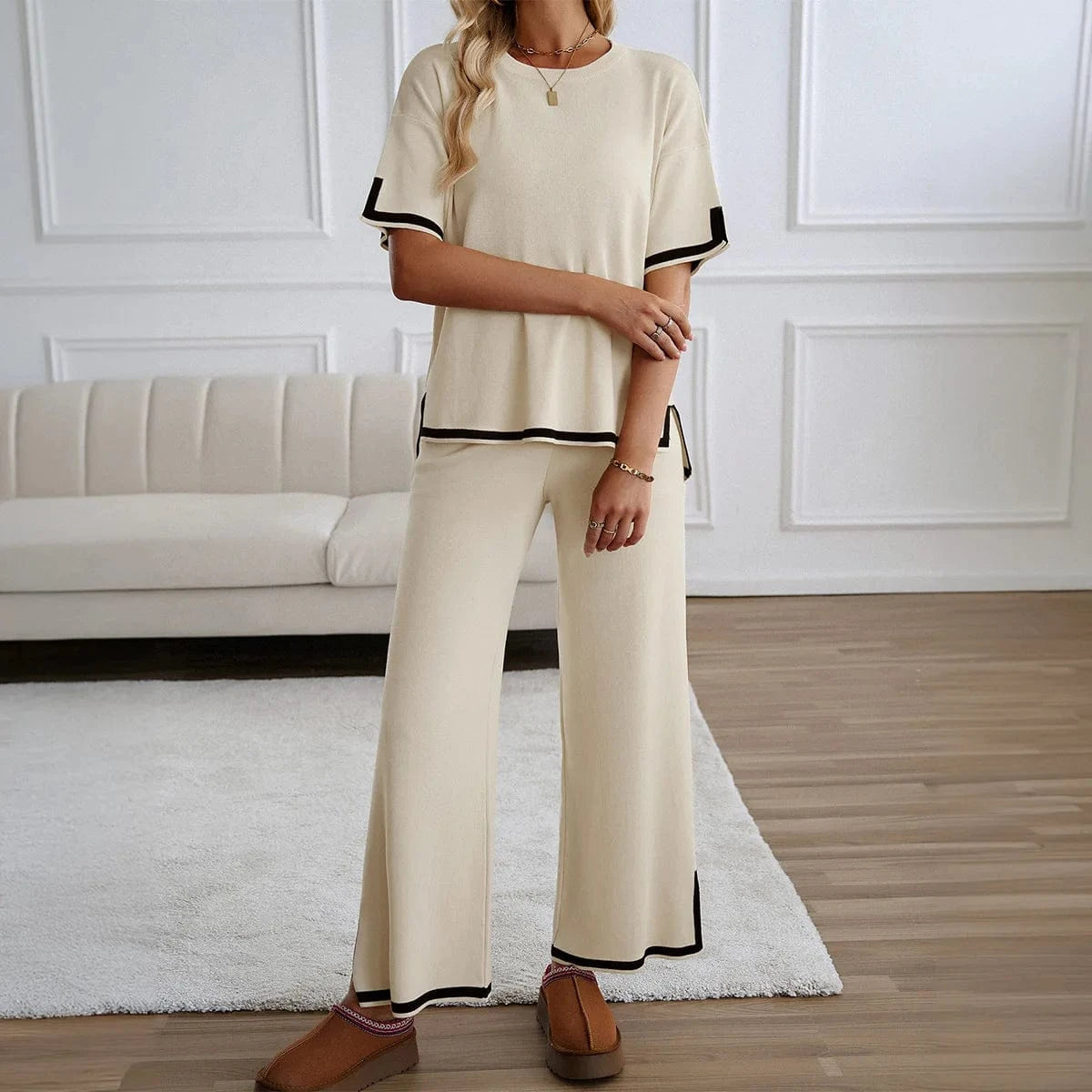 Autumn Solid Color Knitted 2pcs Set Women Casual Short Sleeve Pullover Top and Wide Leg Pants Tracksuit Set Lady Fashion Outfits