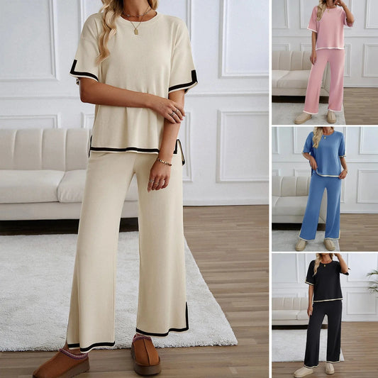 Autumn Solid Color Knitted 2pcs Set Women Casual Short Sleeve Pullover Top and Wide Leg Pants Tracksuit Set Lady Fashion Outfits