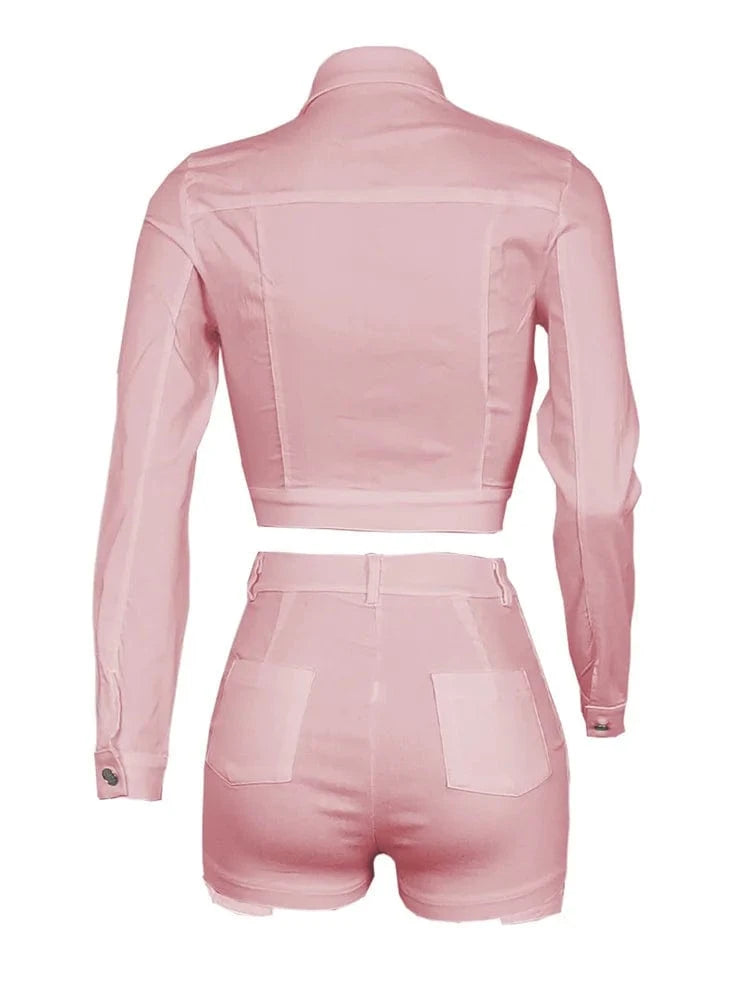 Autumn Streetwear Casual 2 Two Pieces Sets Women Outfit 2023 Long Sleeve Buttons Crop Tops Black Pink White Pockets Shorts Suits