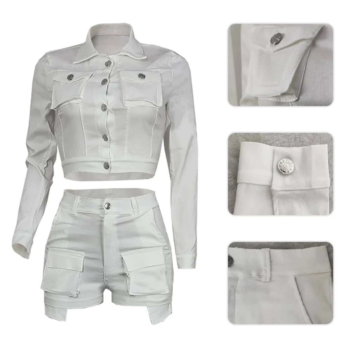 Autumn Streetwear Casual 2 Two Pieces Sets Women Outfit 2023 Long Sleeve Buttons Crop Tops Black Pink White Pockets Shorts Suits