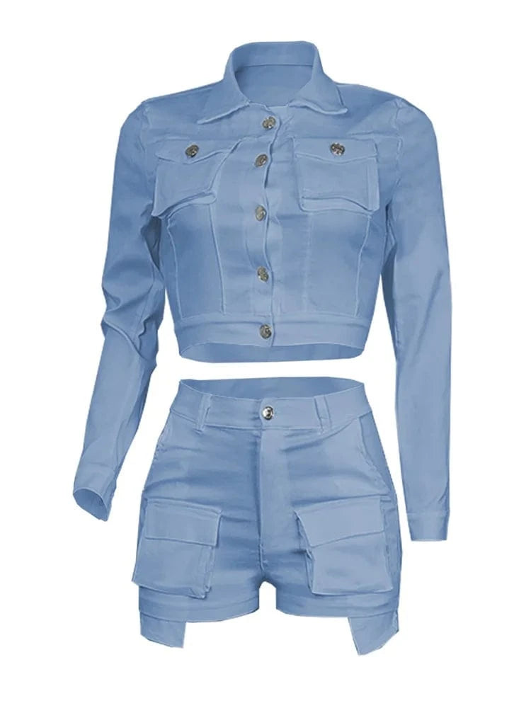 Autumn Streetwear Casual 2 Two Pieces Sets Women Outfit 2023 Long Sleeve Buttons Crop Tops Black Pink White Pockets Shorts Suits