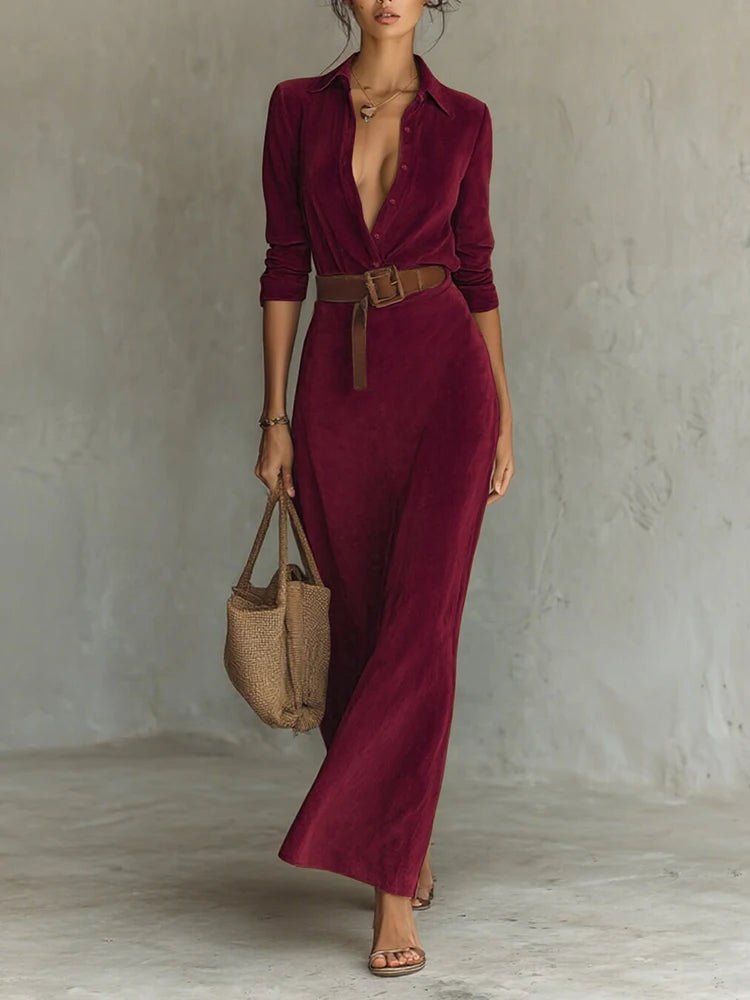 Autumn Turn Down Collar Buttons Sexy Maxi Dress Women Elegant Fashion Belt Party Dress 2025 Casual Holiday Solid Ladies Dresses - SN Wigs & More