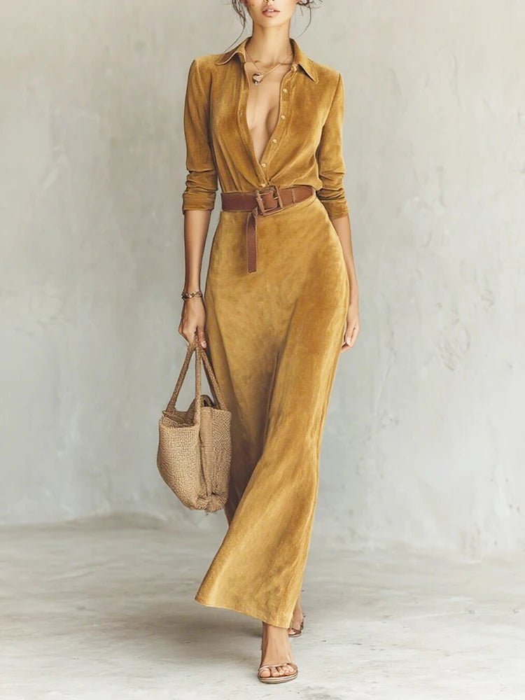 Autumn Turn Down Collar Buttons Sexy Maxi Dress Women Elegant Fashion Belt Party Dress 2025 Casual Holiday Solid Ladies Dresses - SN Wigs & More
