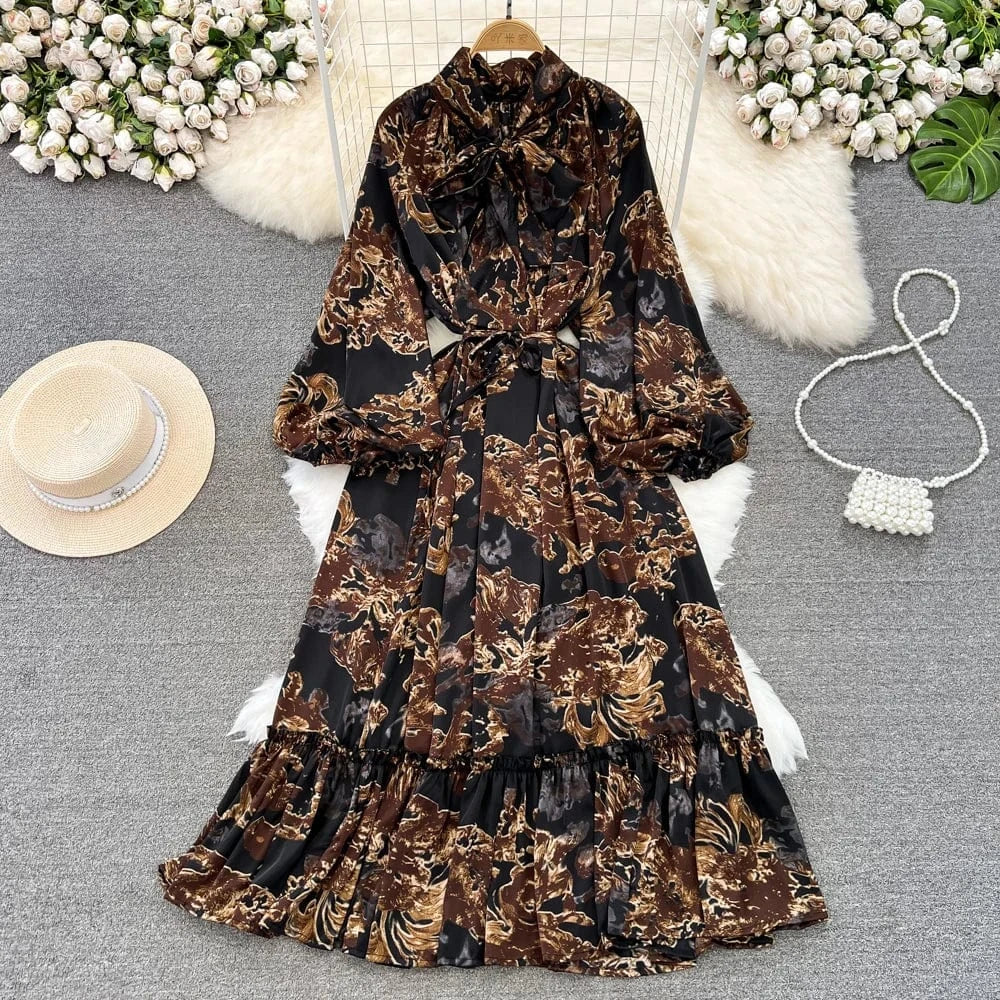 Autumn Vintage Chic Ribbon Bow Knot Long Sleeve Ruffles Patchwork Midi Dress Women Retro Dresses Clothing