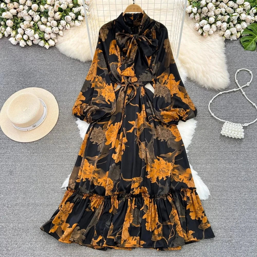 Autumn Vintage Chic Ribbon Bow Knot Long Sleeve Ruffles Patchwork Midi Dress Women Retro Dresses Clothing