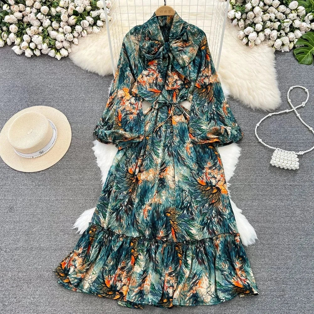 Autumn Vintage Chic Ribbon Bow Knot Long Sleeve Ruffles Patchwork Midi Dress Women Retro Dresses Clothing