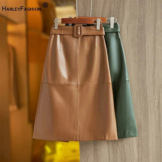 Autumn Winter Korean Style Khaki Green PU Leather Skirt With Belt Casual A-line Quality Saia for Ladies