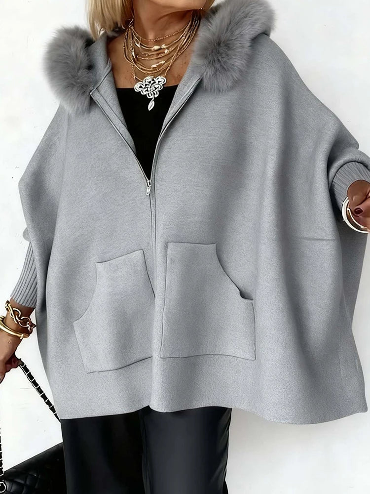 Autumn Winter Long Batwing Sleeve Chic Sweater Coats, Women Pocket Patchwork Simple Cardigan, Loose Casual Hooded Top Streetwear - SN Wigs & More