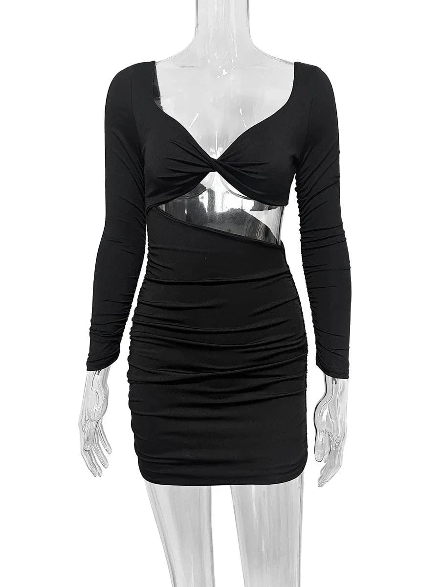 Autumn/winter long sleeved dress with low cut sexiness fashionable hollowed out pleats slim fit dress