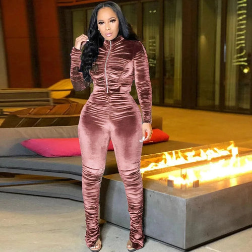 Autumn Winter Velvet Tracksuit Women Clothing Sets Ruched Casual Two Piece Set Top and Pants Sweat Suits Velour 2 Piece Outfits