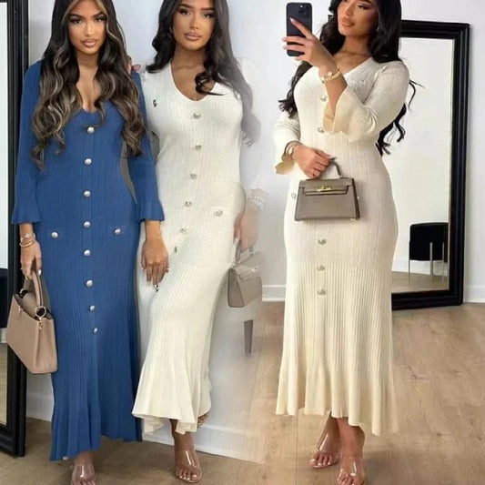 Autumn winter women clothing ladies elegant temperament dress fashion long slim knit long sleeve women's casual dresses