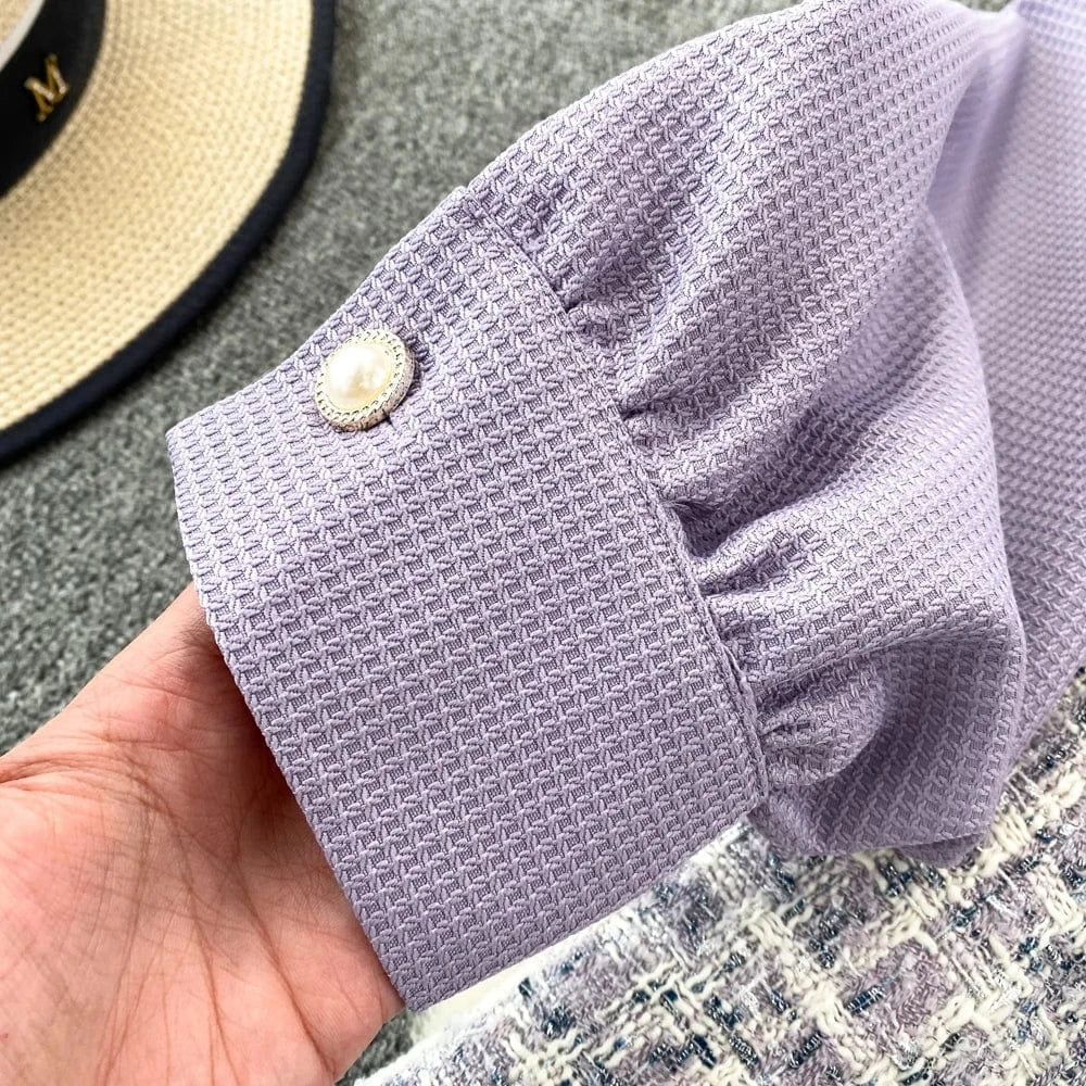 Autumn Winter Women's Long Sleeve Doll Neck Waisted Tweed Elegant Purple Dresses