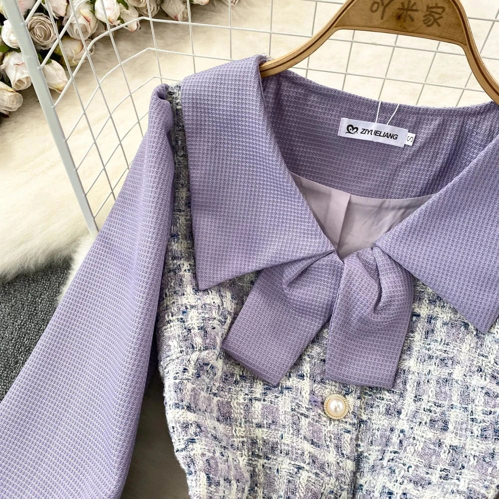 Autumn Winter Women's Long Sleeve Doll Neck Waisted Tweed Elegant Purple Dresses