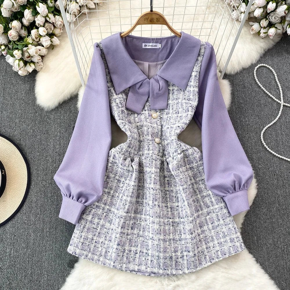 Autumn Winter Women's Long Sleeve Doll Neck Waisted Tweed Elegant Purple Dresses