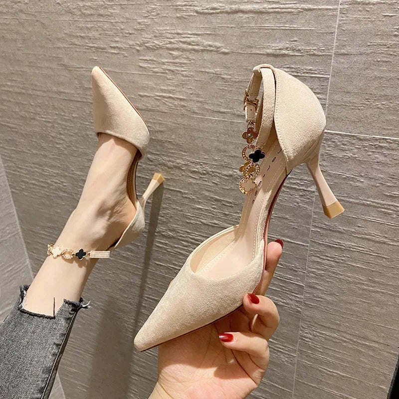 Autumn Women Stilettos Versatile Suede Pointed-toe Zapatos De Mujer Wrap-toe Hollow Out High Heel Pumps Ladies Daily Dating Shoe