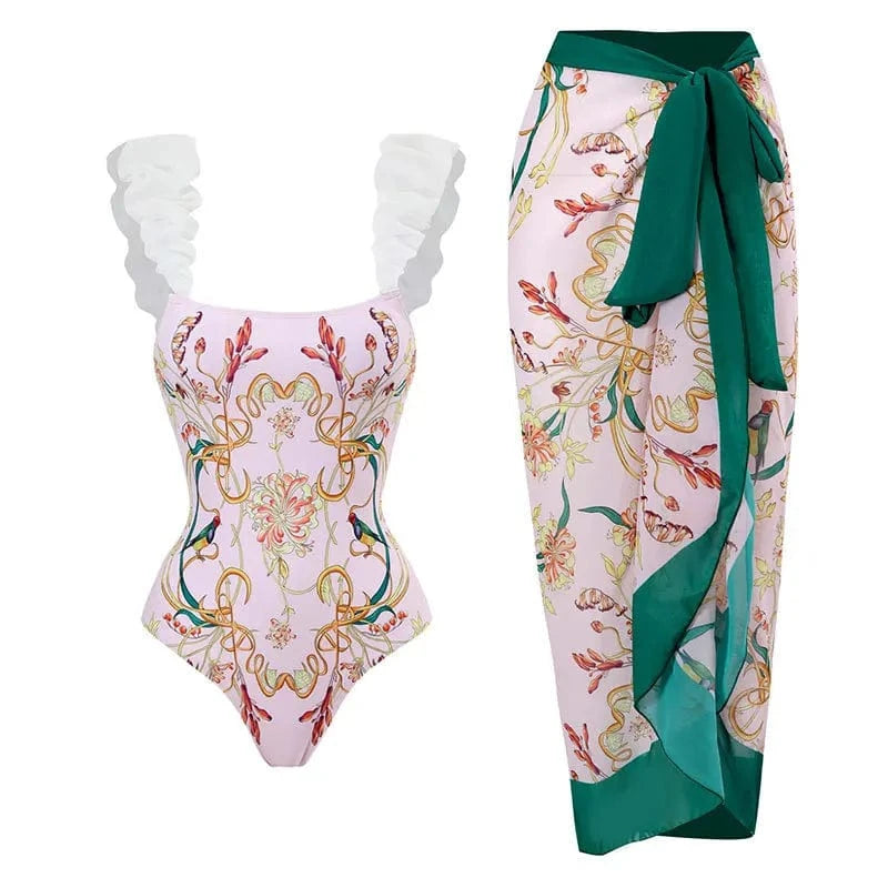 Average code / Y87 Y16 Green Dress DAMOCHIC Sexy V Neck 1 Piece Bathing Suits Cover Set Print Two Piece Tummy Control Vintage Swimsuit with Sarong Cover Up 2023