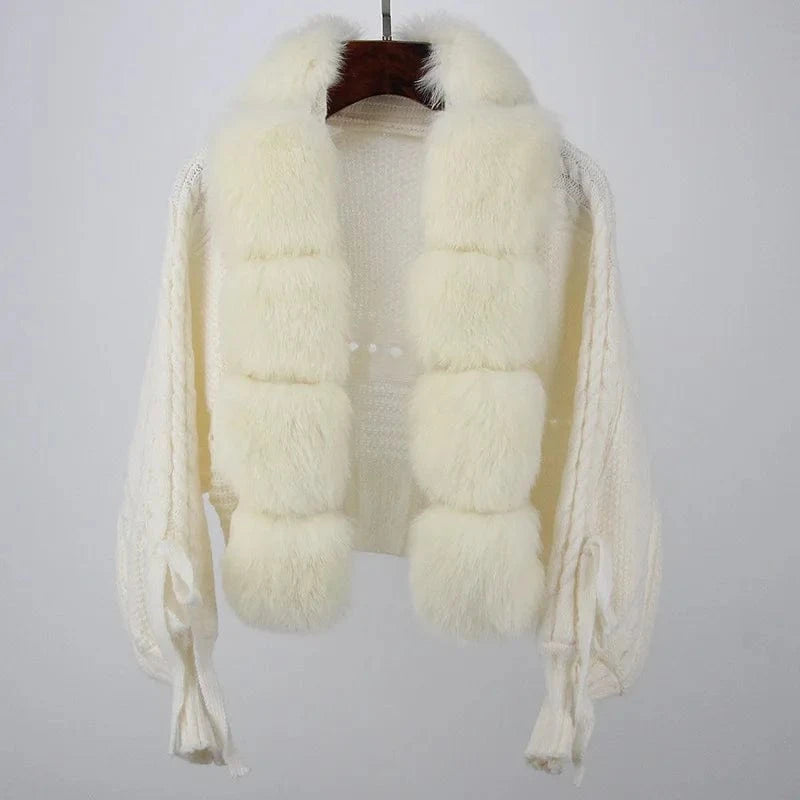 Average size / Beige 2023 New Autumn Sweater Fox Fur Cardigan Knitted Fox Fur Coat For Women
