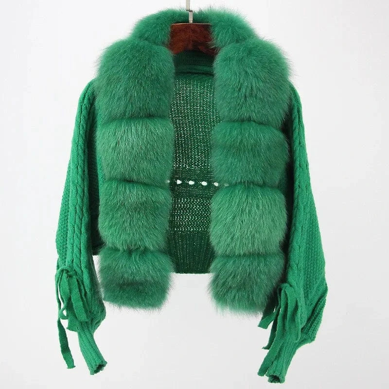 Average size / Green 2023 New Autumn Sweater Fox Fur Cardigan Knitted Fox Fur Coat For Women