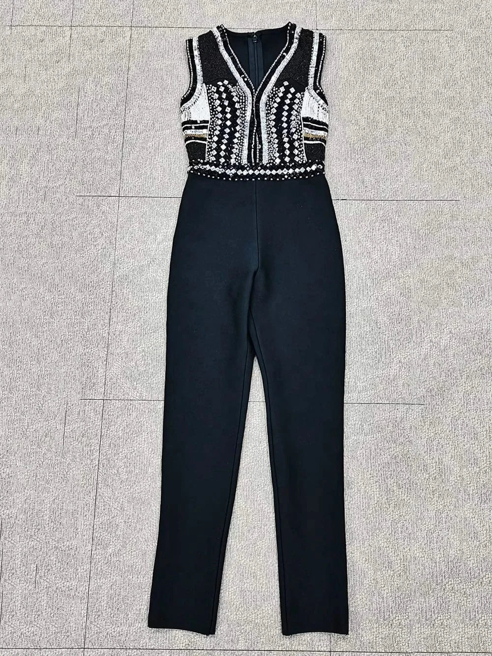 BA257 Sexy Deep V Beading Bandage Jumpsuit Women Summer 2023 Sleeveless High Waist Pencil Pants Bodysuits Original One Pieces