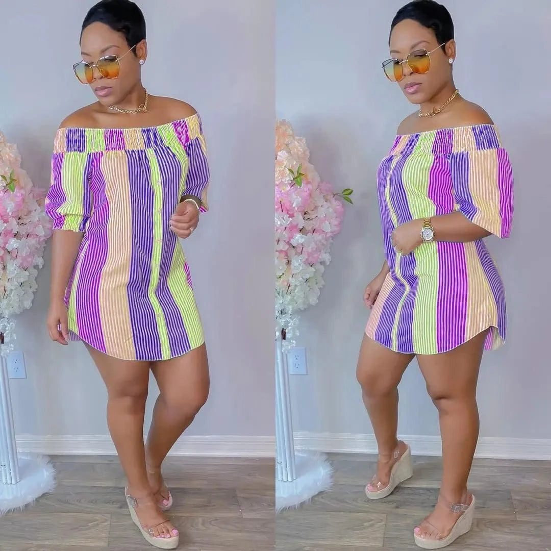BA257  size S to 5XL  hot selling mini sexy women's  off shoulder striped t shirt casual dresses