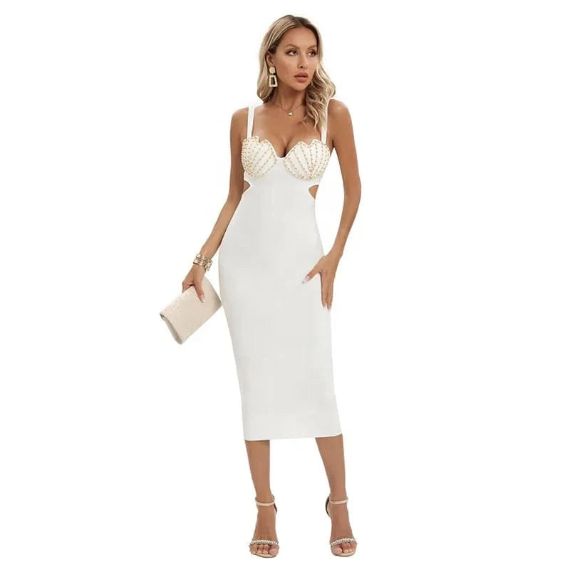 BA366 Sexy Beaded Strapless Bandage Dress for Women Summer 2023 New White Black Sleeveless Midi Dresses Elegant Slim Vestidos